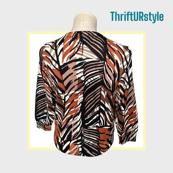 Abstract Print Cardigan Sweater Brown Black Orange White 3/4 Sleeve Top - Picture 2 of 8